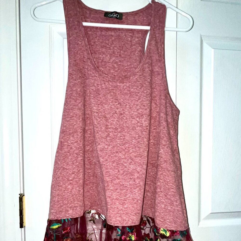 LADIES SIZE M GIGIO MAROON FLORAL SHEER HEM SLEEVELESS RACERBACK TUNIC TOP
